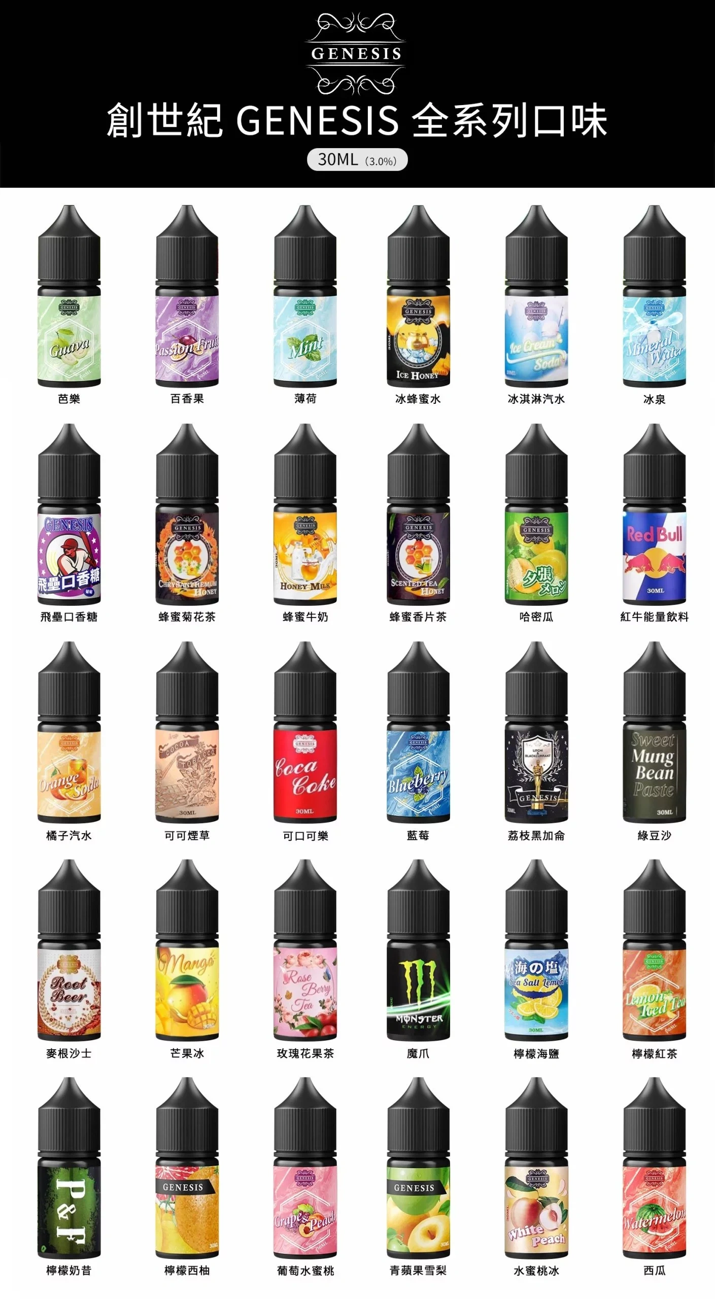 GENESIS 創世紀小煙油推薦|30ml・0mg 與 30mg 尼古丁鹽・28 款口味 1 GENESIS 創世紀小煙油推薦 多口味選擇與0mg 30mg尼古丁鹽全解析|GENESIS 創世紀小煙油推薦|30ml・0mg 與 30mg 尼古丁鹽・28 款口味